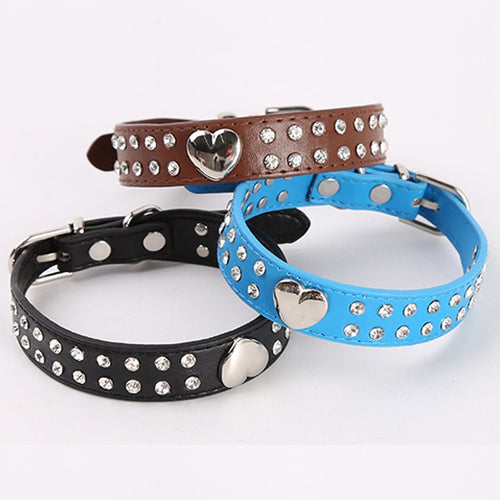 5 Colors Crystal Studded Love Heart Dog Collar Pets Leather Collar for Pitbulls